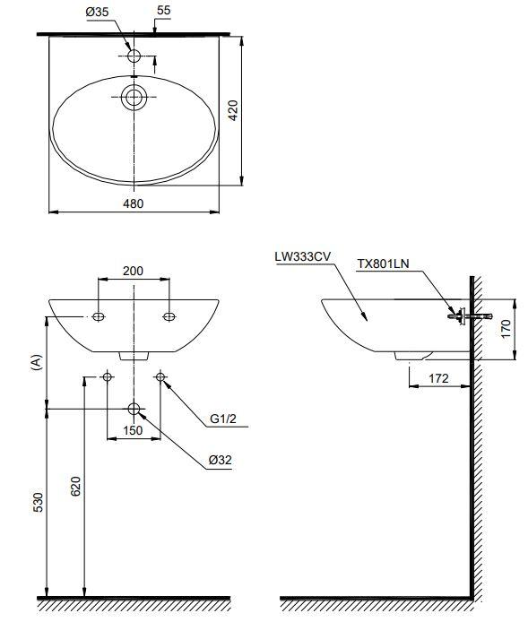 Bản vẽ lavabo treo tường TOTO LT333C
