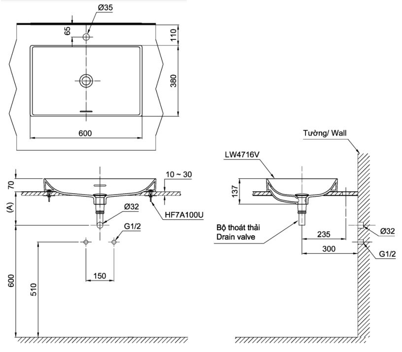 Bản vẽ kích thước chậu rửa mặt TOTO LT4716 G17 MBL 