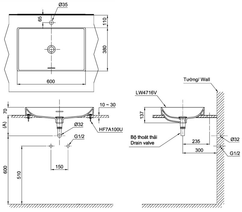 Bản vẽ kích thước chậu rửa mặt TOTO LT4716 G19 MBL 