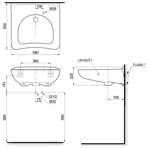 Bản vẽ chậu sứ TOTO LW103JT1 T205QN