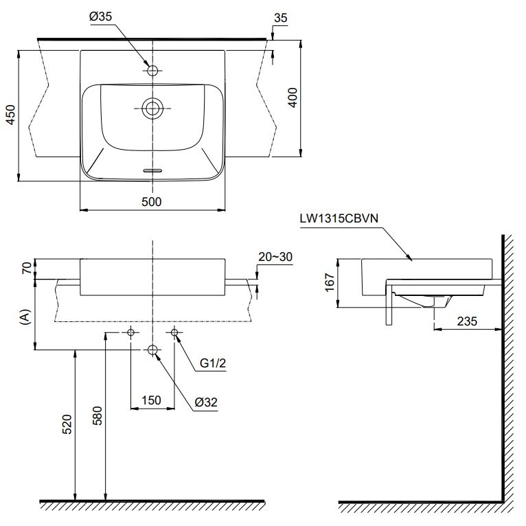 Bản vẽ bồn rửa mặt lavabo TOTO LW1315CBVN XW