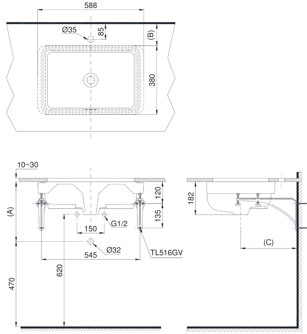 Bản vẽ lavabo âm bàn LW1556A#XW TOTO