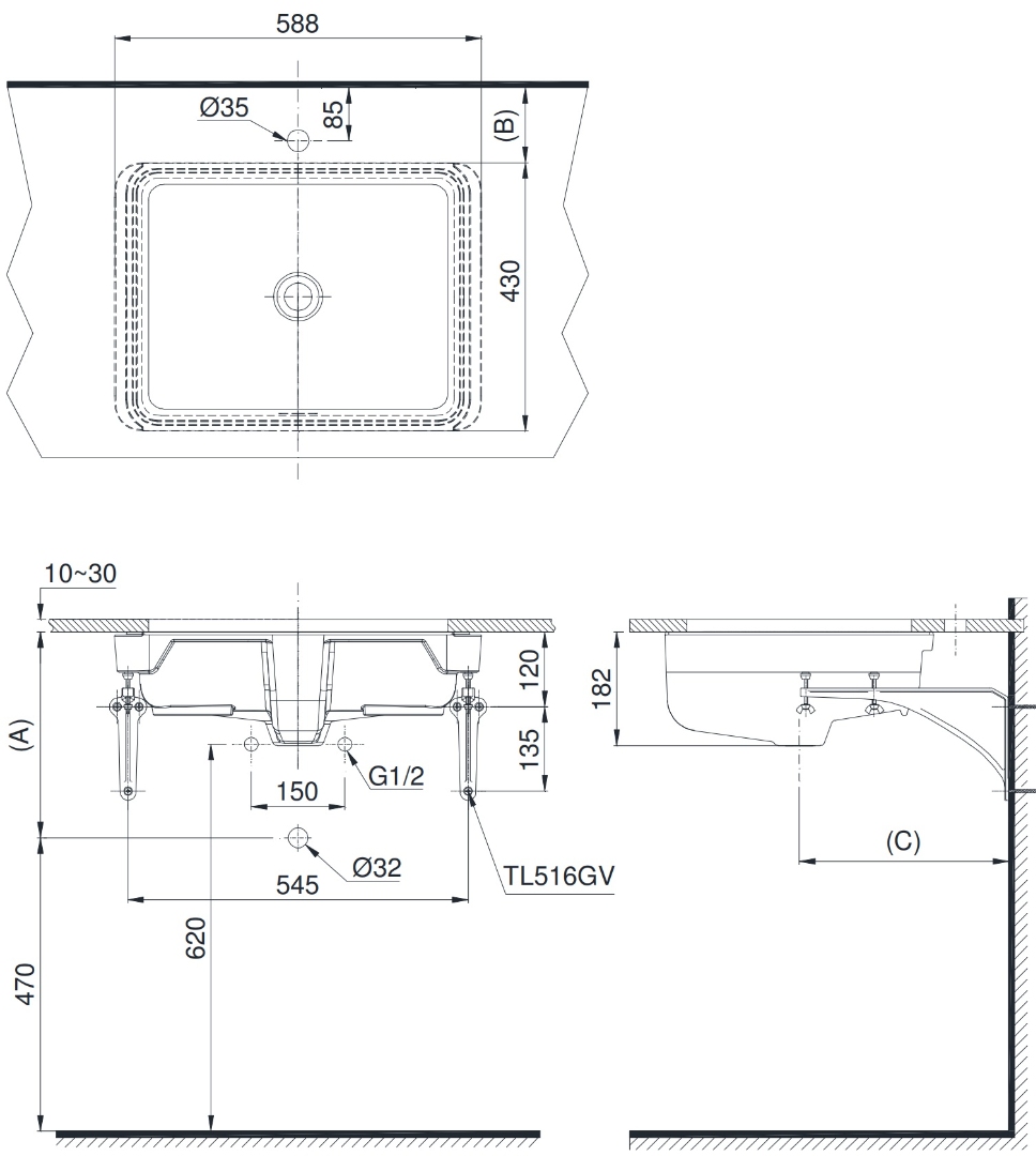 Bản vẽ lavabo âm bàn LW1556A#XW TOTO