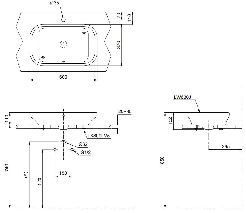 Bản vẽ bồn rửa mặt TOTO LW630JDWF đặt bàn