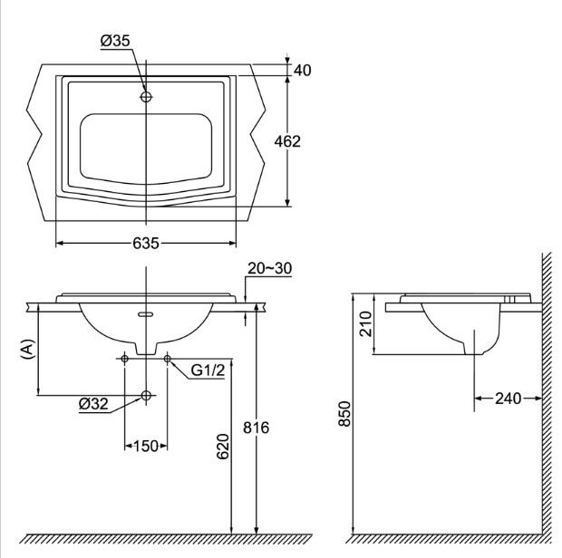 Bản vẽ kích thước chậu lavabo Toto LW781CJ đặt bàn