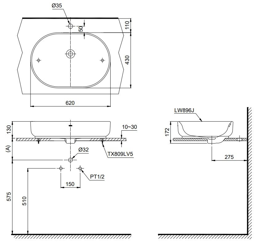 Bản vẽ bồn rửa mặt TOTO LW896JW/F SCR đặt bàn