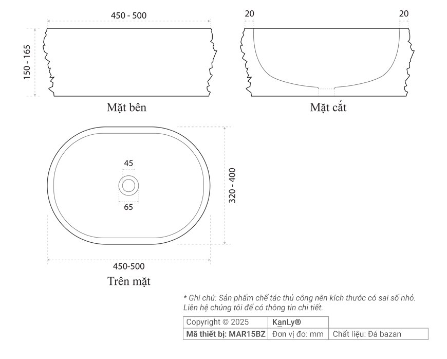 Bản vẽ chậu lavabo Kanly MAR15BZ đá bazan đặt bàn