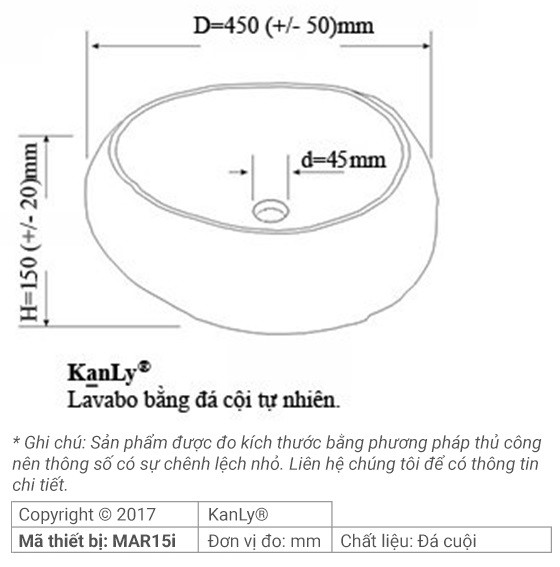 Bản vẽ kích thước chậu lavabo rửa mặt đá tự nhiên Kanly MAR15C