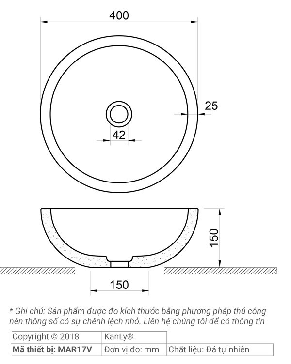 Bản vẽ kích thước chậu rửa mặt đá tự nhiên Kanly MAR17V