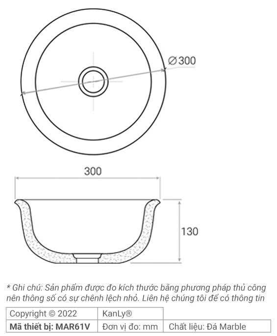 Bản vẽ kích thước chậu lavabo mini để bàn Kanly MAR61V