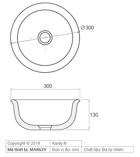 Bản vẽ kích thước chậu rửa mặt đá tự nhiên Kanly MAR62V