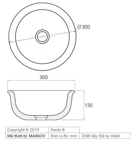 Bản vẽ kích thước chậu đá tự nhiên Kanly MAR63V