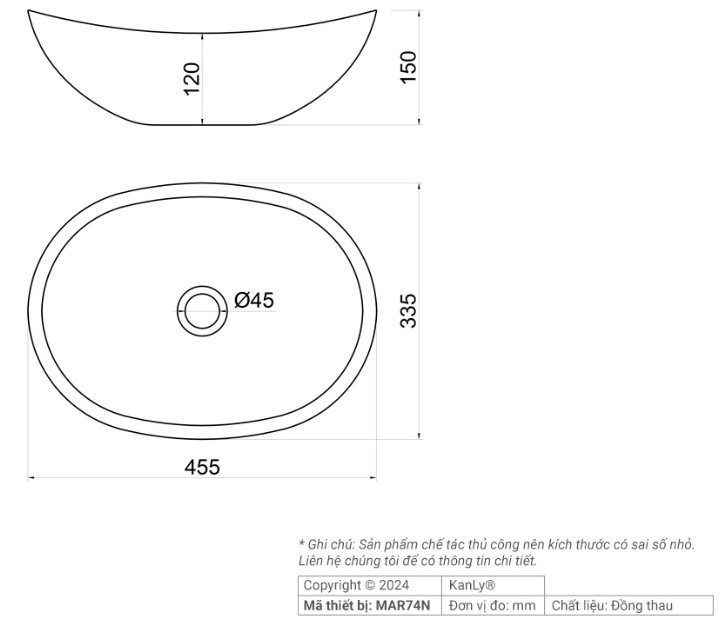 Bản vẽ chậu rửa mặt Kanly MAR 64N đặt bàn