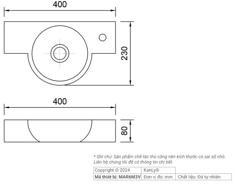 Bản vẽ kích thước chậu rửa mặt đá tự nhiên Kanly MAR6M4V