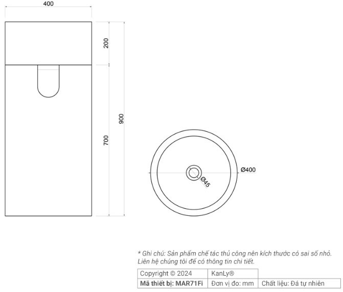Bản vẽ kích thước chậu rửa mặt Kanly MAR 71Fi 