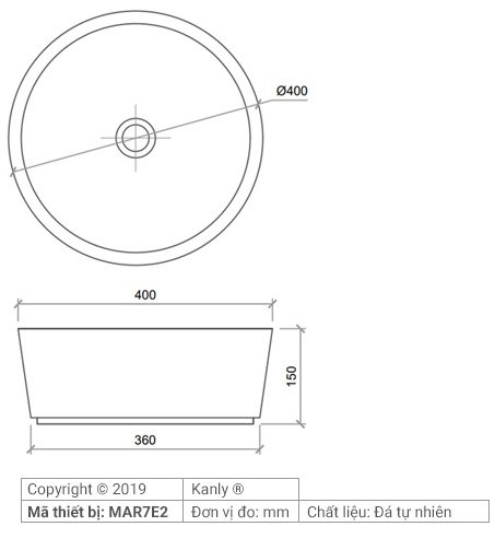 Bản vẽ kích thước chậu rửa mặt đá tự nhiên Kanly MAR7E2