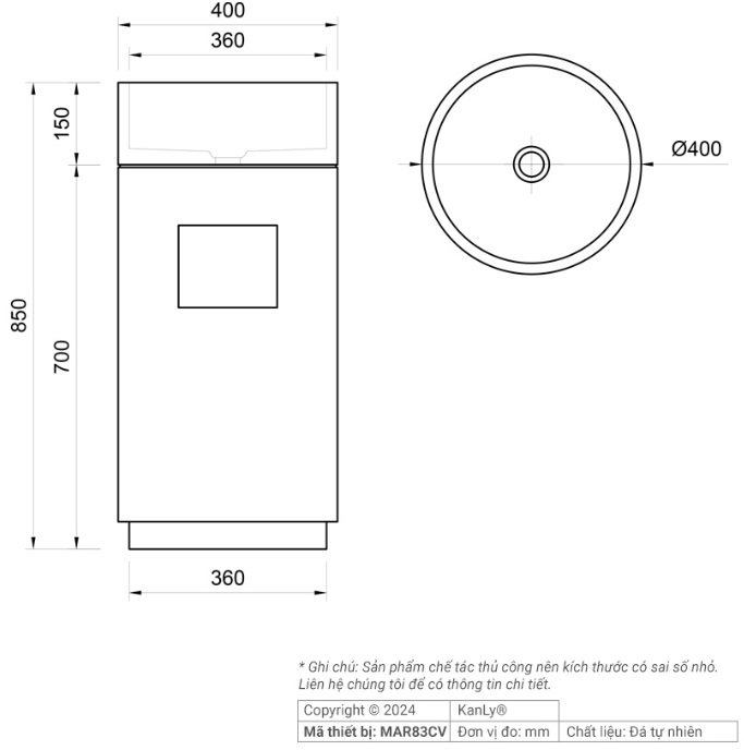 Bản vẽ kích thước chậu rửa mặt Kanly MAR 84CV