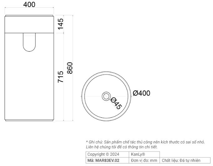 Bản vẽ kích thước chậu rửa mặt Kanly MAR83EV.02