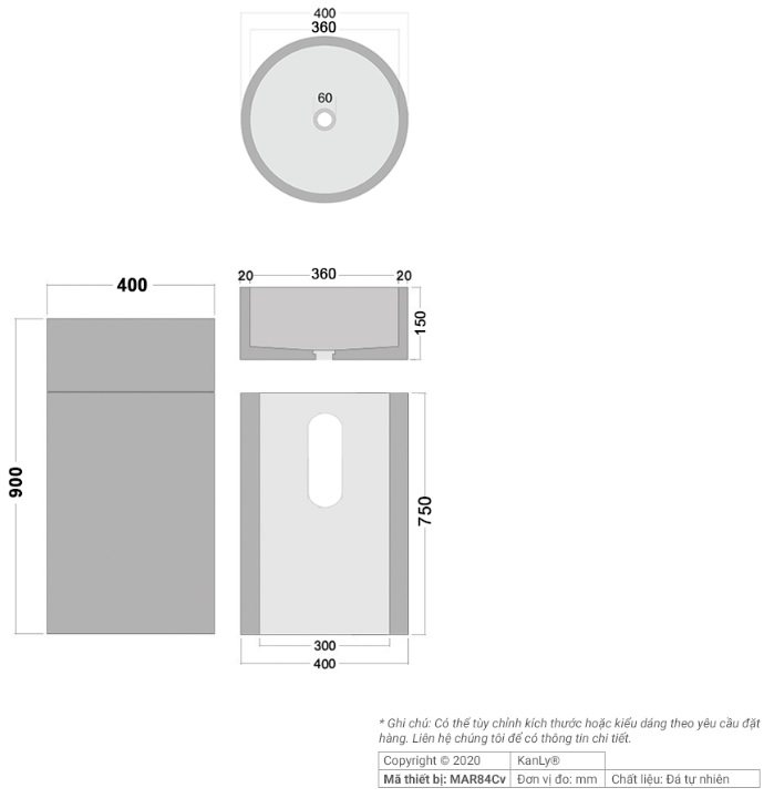 Bản vẽ kích thước chậu rửa mặt Kanly MAR 84CV