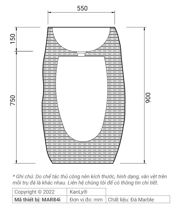 Bản vẽ kích thước lavabo trụ đứng tự nhiên Kanly MAR84i