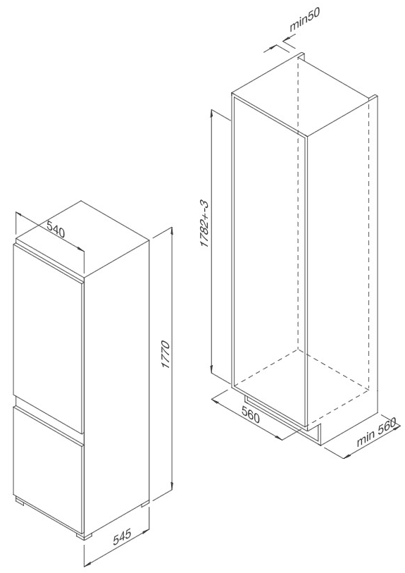 Bản vẽ kích thước tủ lạnh Malloca MF-246EBI âm tủ 246 lít