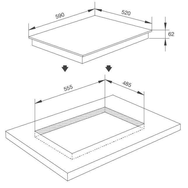 Bản vẽ kích thước bếp 3 vùng nấu Malloca MIH 593 ECO