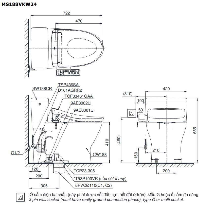 Bản vẽ kích thước bồn cầu MS188VKW24