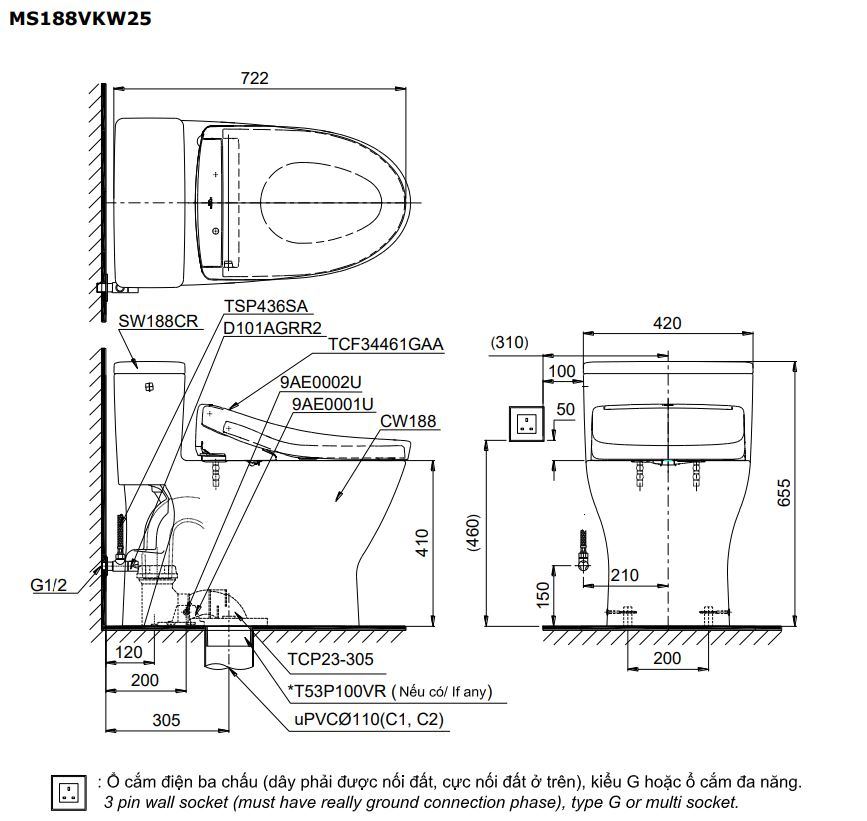 Bản vẽ kích thước bồn cầu MS188VKW25