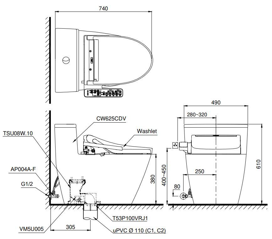Thông số kỹ thuật bồn cầu Washlet MS625W15 TOTO