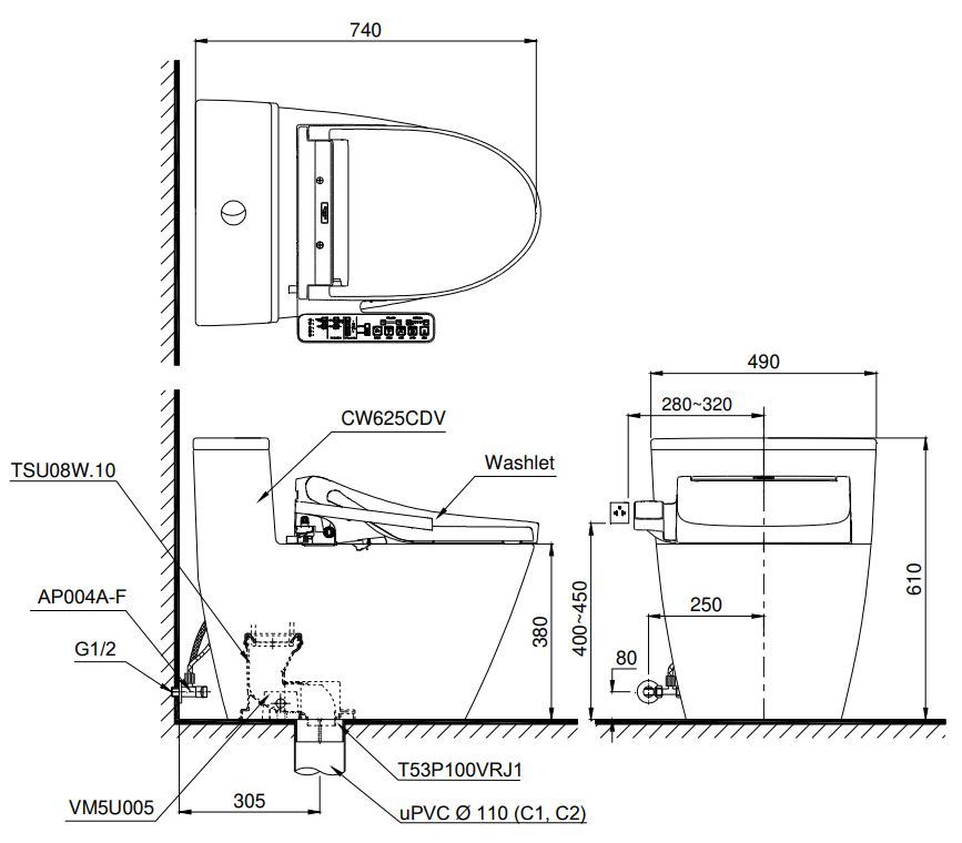 Bản vẽ kích thước xí bệt Toto MS625CDW17