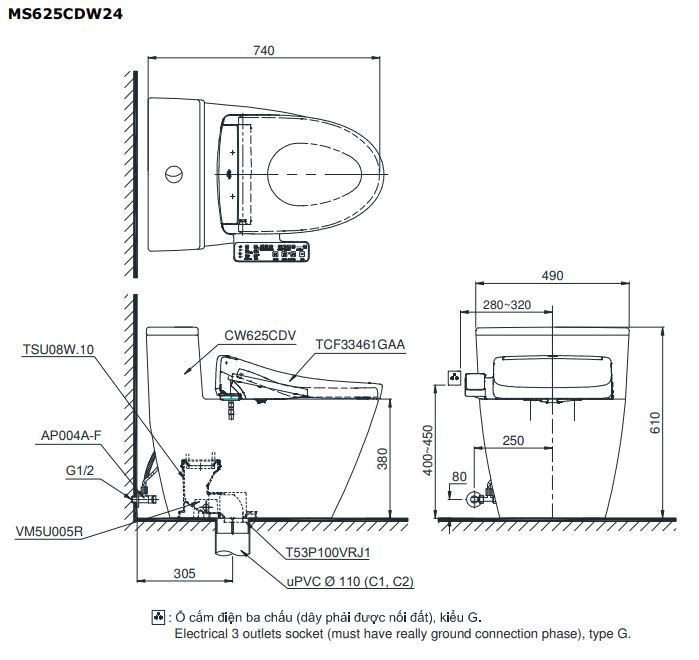 Bản vẽ kích thước bồn cầu TOTO MS625DW24