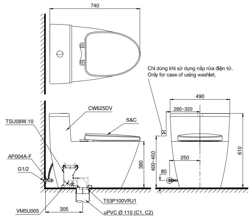 Bản vẽ kích thước bồn cầu TOTO C625