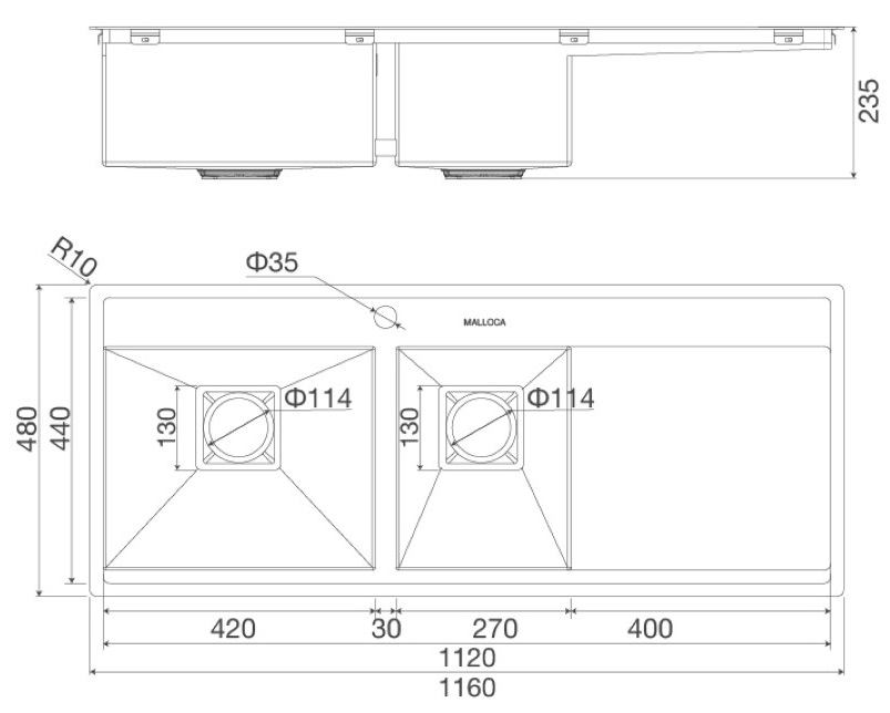 Bản vẽ kỹ thuật chậu inox Malloca MS 6306ST rửa chén bát :