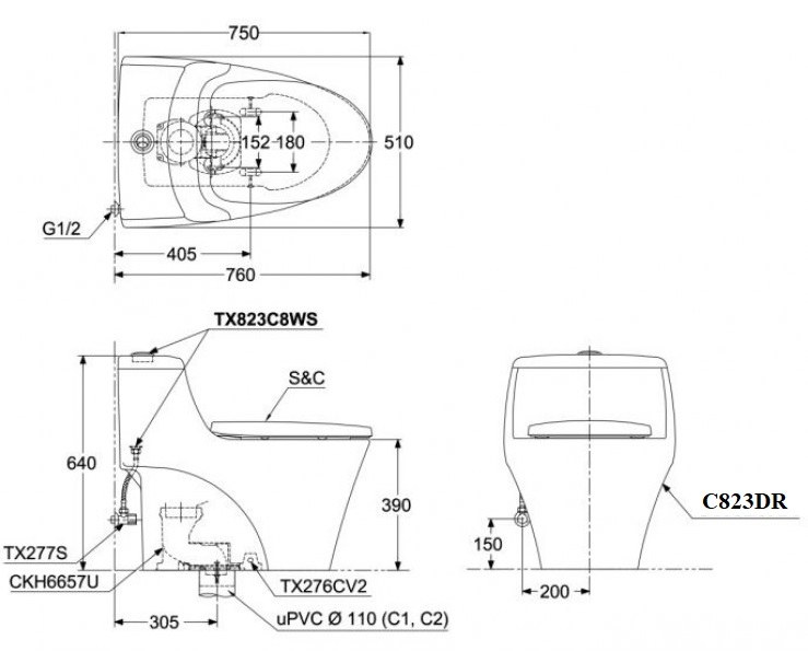 Bản vẽ kịch thước bồn cầu liền khối TOTO MS823