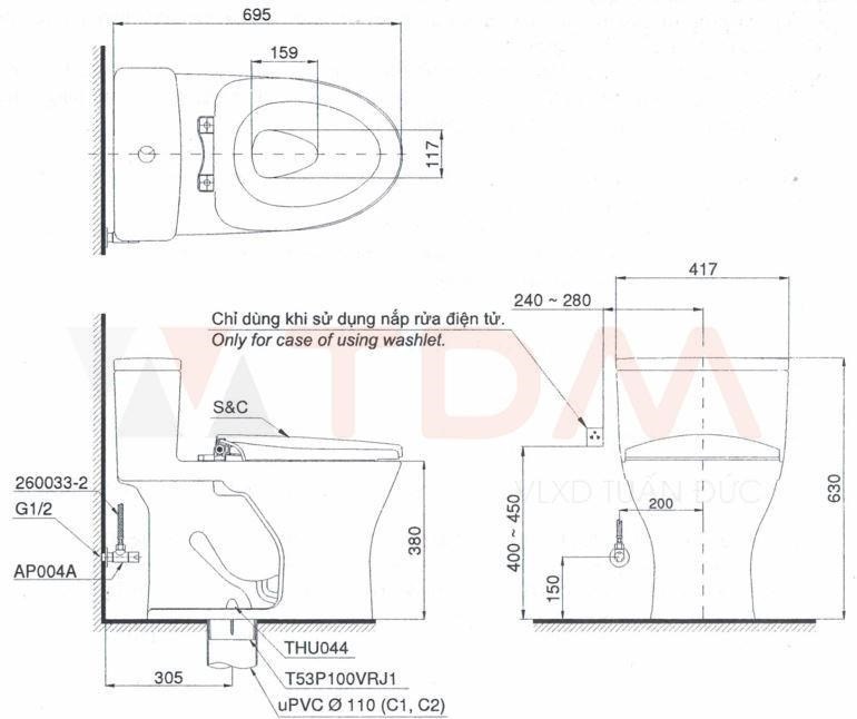 Bản vẽ bồn cầu TOTO MS855CDW15