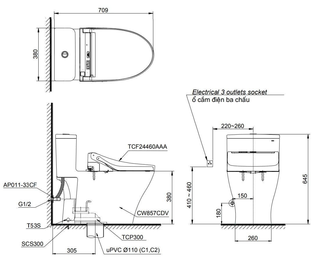 Bản vẽ kích thước bồn cầu Washlet MS857W15 TOTO