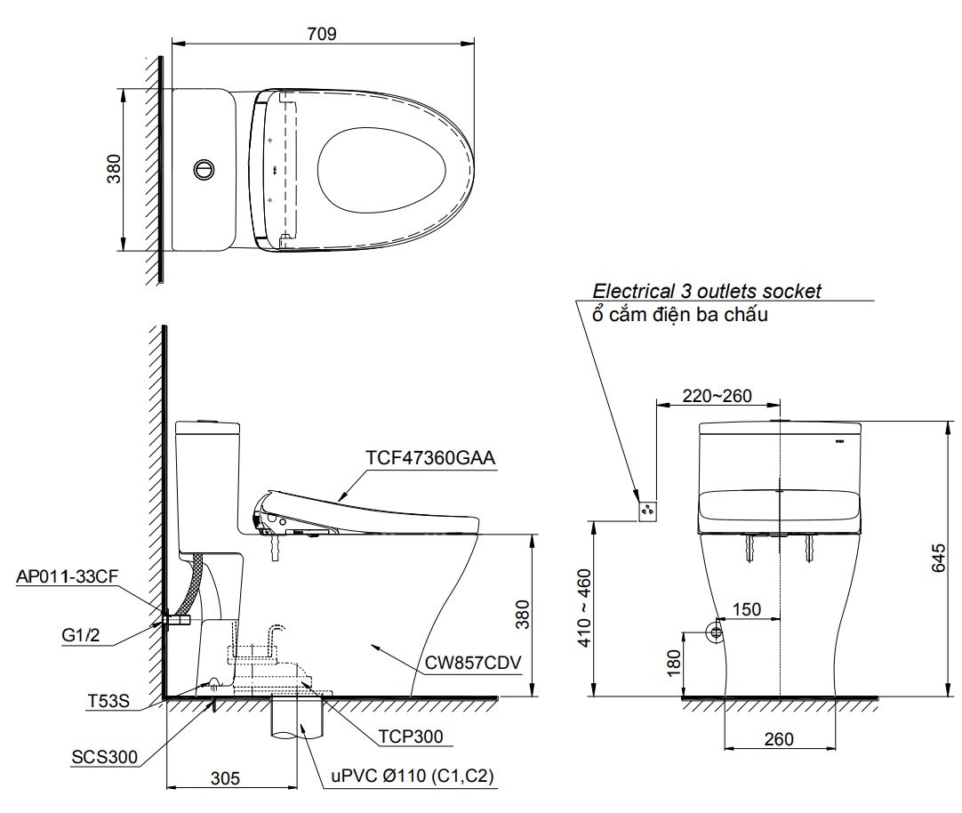 Bản vẽ kích thước xí bệt Toto MS857W23