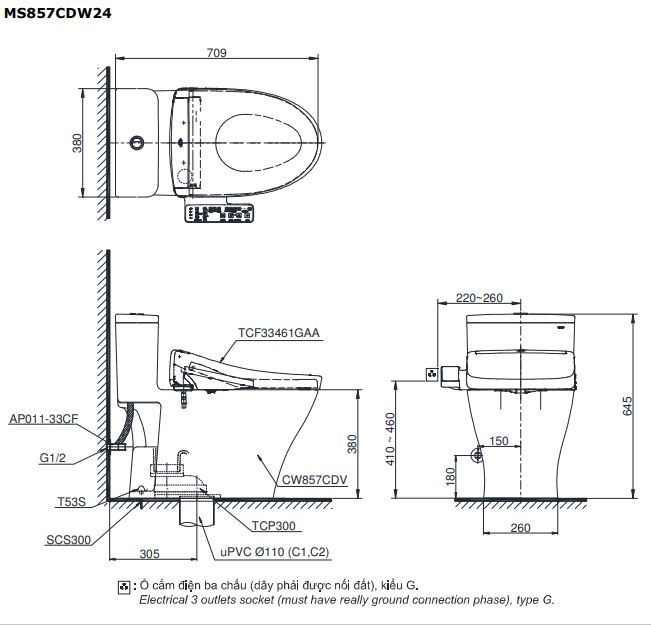 Bản vẽ kích thước bồn cầu MS857DW24