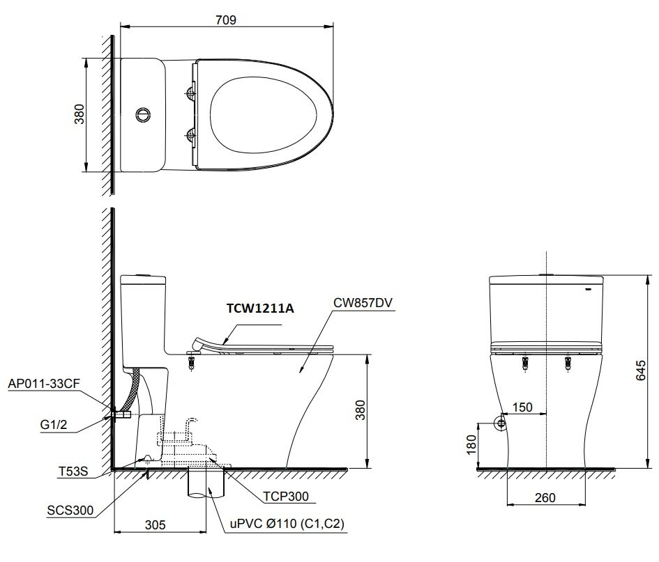 Bản vẽ kích thước bàn cầu TOTO MS 857 DE4