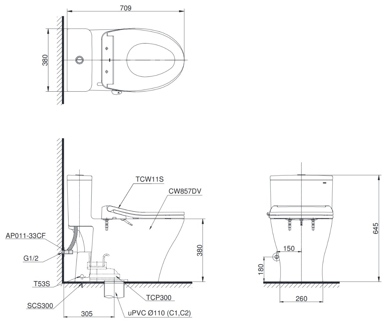 Bản vẽ kích thước bồn cầu Ecowasher Toto MS 857 DE6