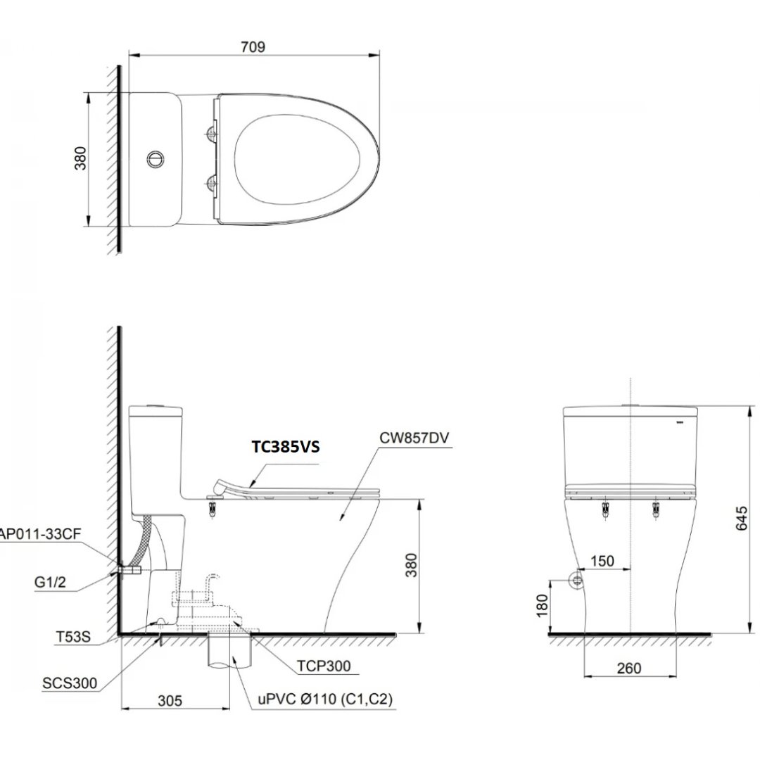 Bản vẽ kích thước xí bệt C857D TOTO nắp êm TC385VS