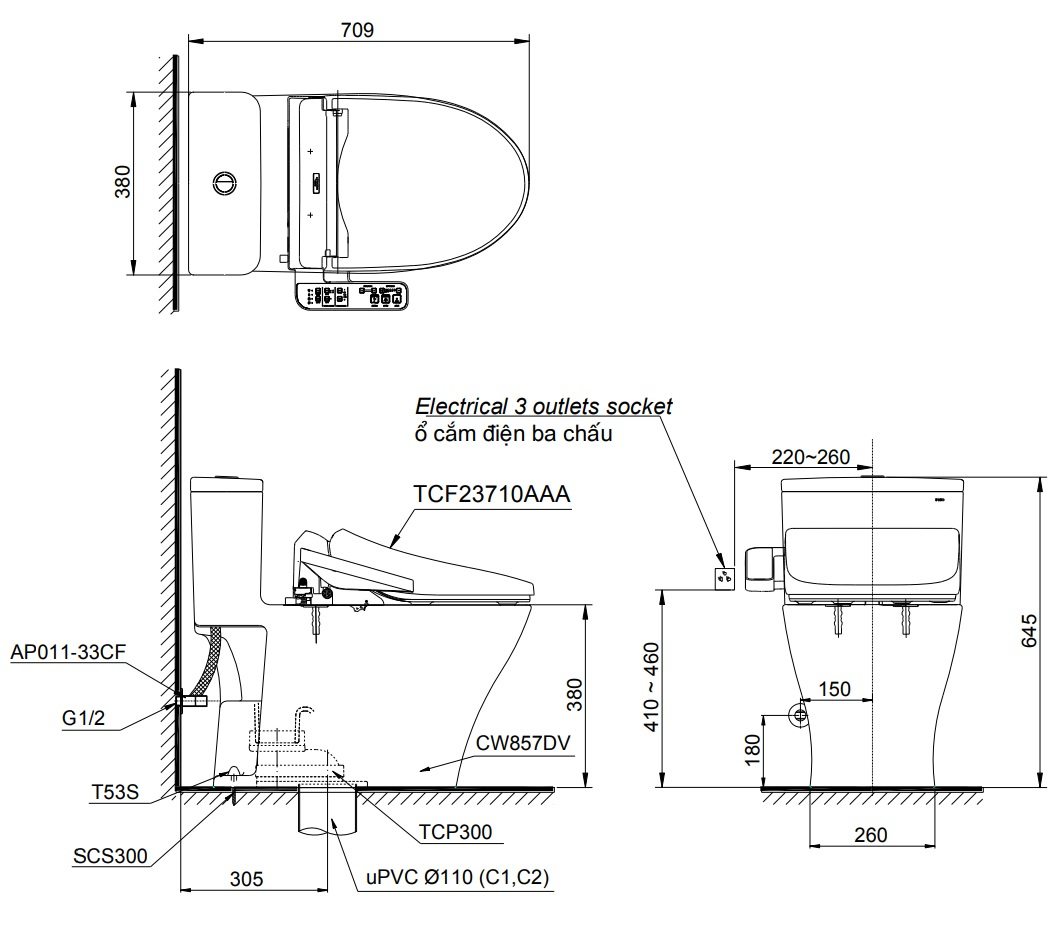 Bản vẽ kích thước xí bệt Toto MS857W18