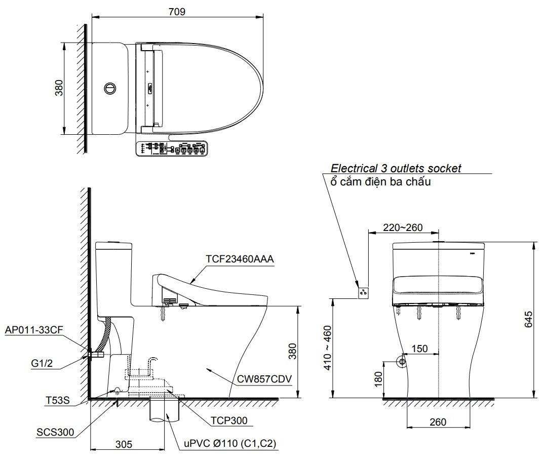 Bản vẽ kích thước xí bệt Toto MS857W17