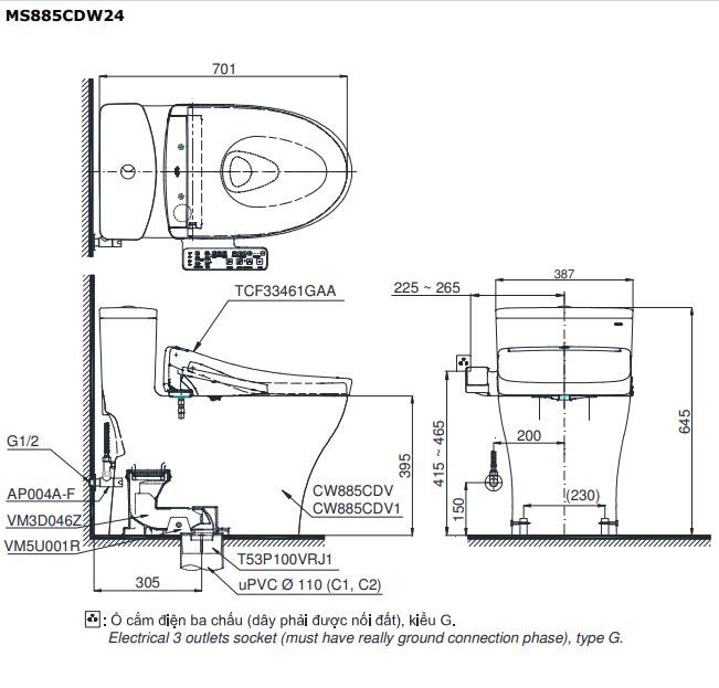 Bản vẽ kích thước bồn cầu MS885DW24