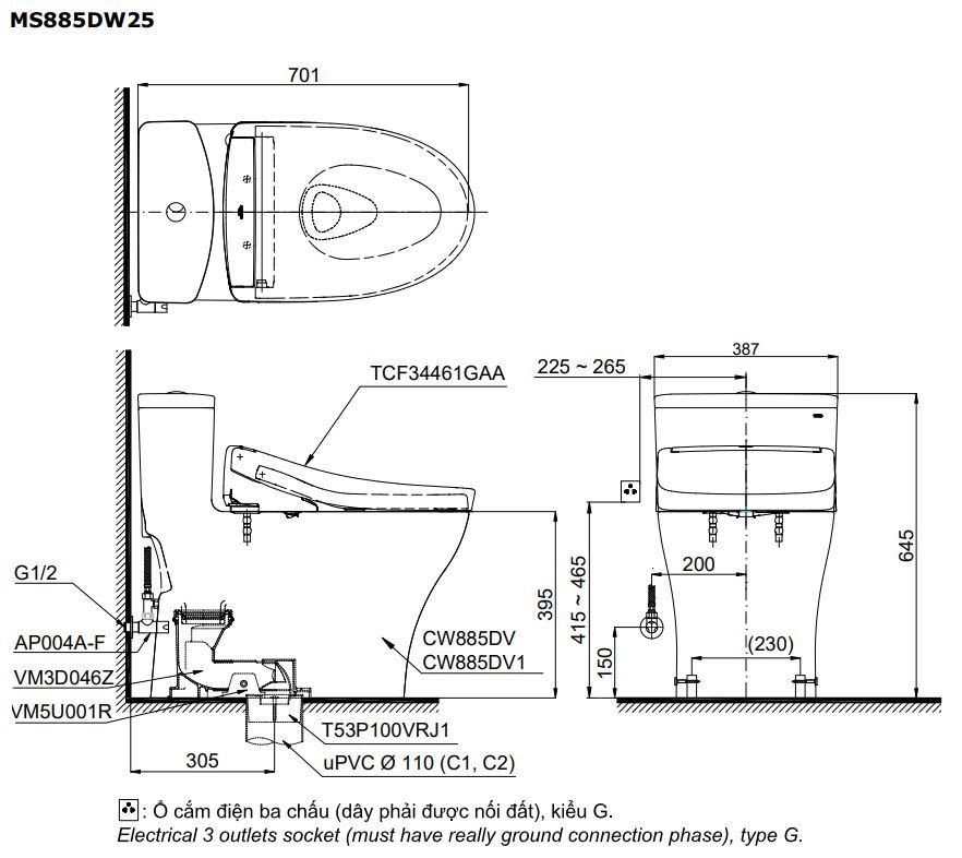 Bản vẽ kích thước bồn cầu MS885CDW25 TOTO MS885CDW25#XW