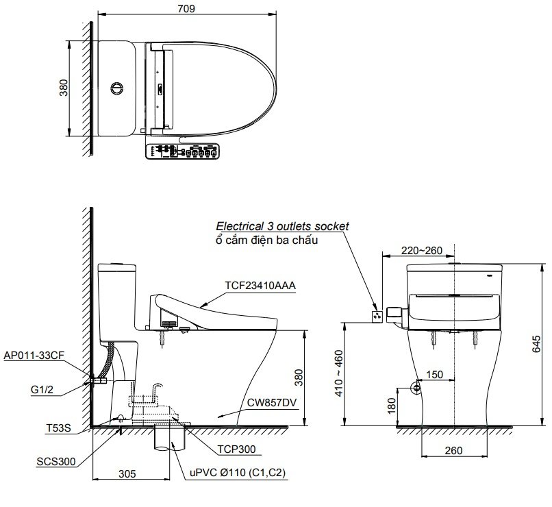 Bản vẽ kích thước xí bệt Toto MS857W16