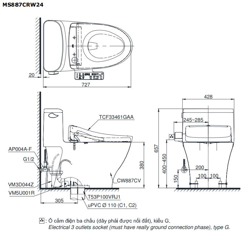 Bản vẽ kích thước bồn cầu MS887CRW24