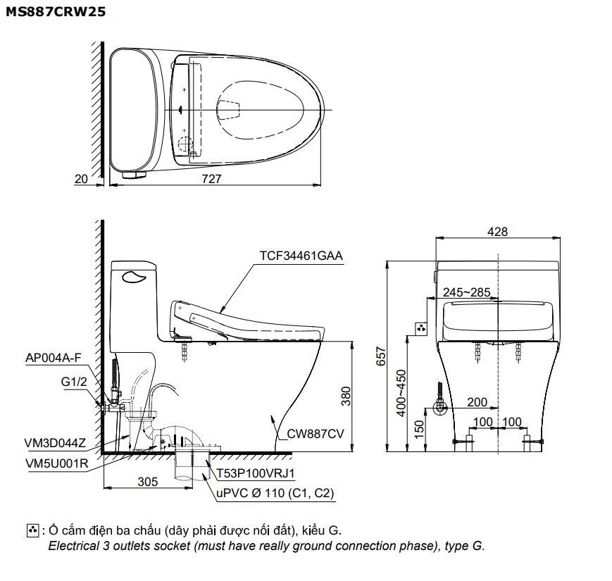 Bản vẽ kích thước bồn cầu MS887CW25