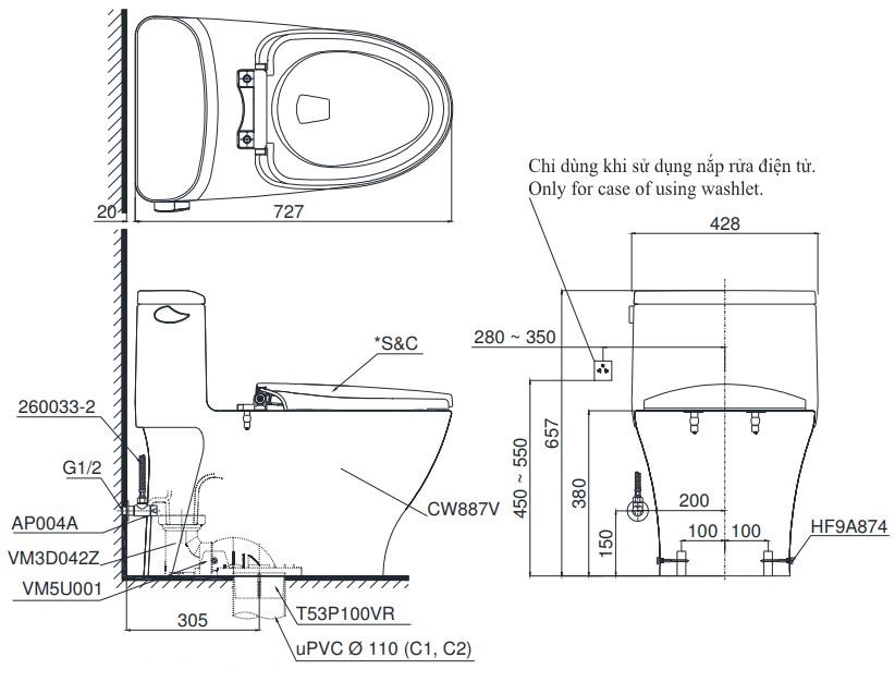 Bản vẽ kích thước bồn cầu C887R TOTO nắp điện tử TCF23410AAA W16