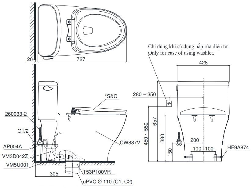 Bản vẽ kích thước bồn cầu TOTO MS887CRW15